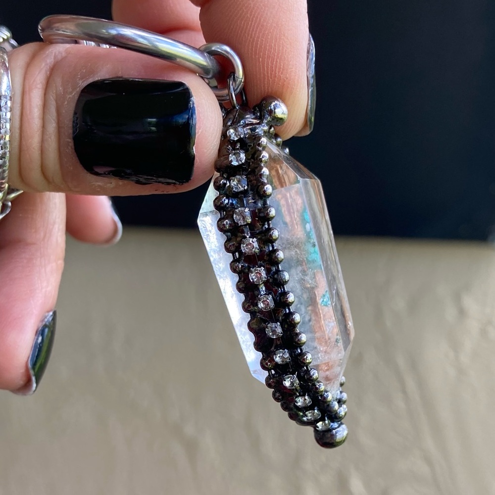 Natural Crystal quartz black electroplated boho goth stainless steel necklace - Picture 5 of 14